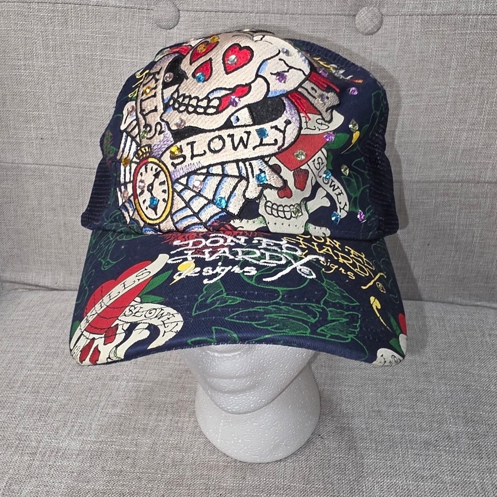 Ed Hardy Christian Audigier Love Kills Slowly Rhinestone Trucker Hat Navy Y2K